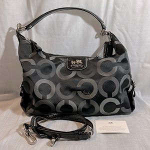 Coach silver grey C on black signature shoulder bag with detachable long strap.